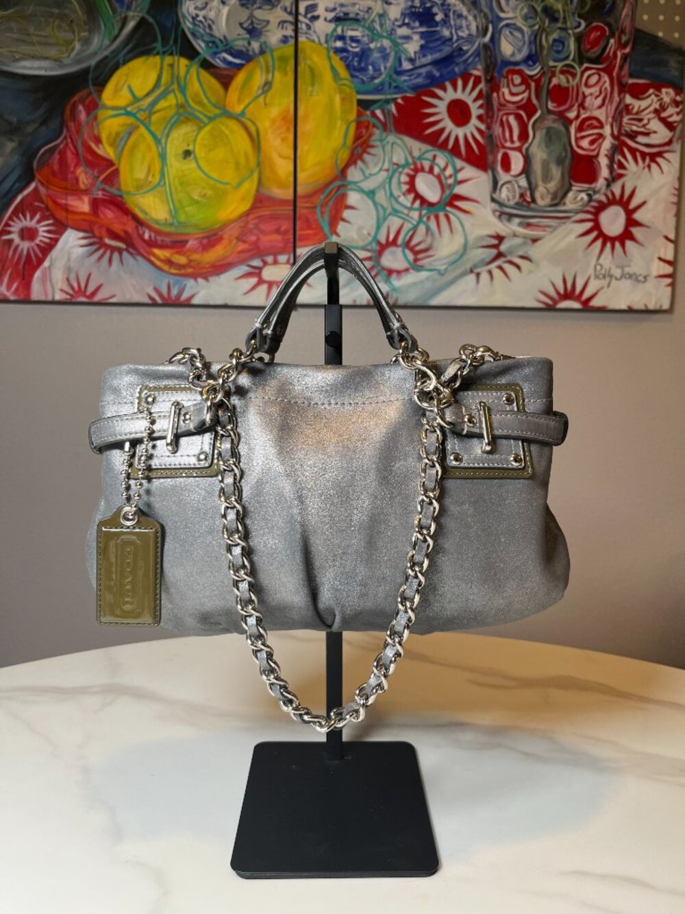Coach Metallic Leather Satchel Shoulder Bag Silver Style 14342